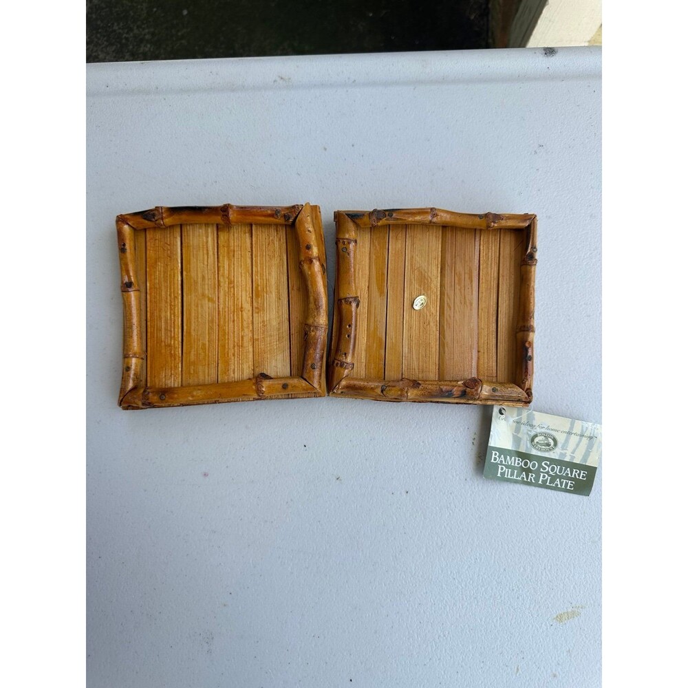 NWT Boston Warehouse Vintage Set Of 2 Glazed Bamboo Square Pillar Plates